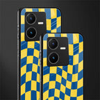 yellow blue trippy check pattern back phone cover | glass case for vivo y22
