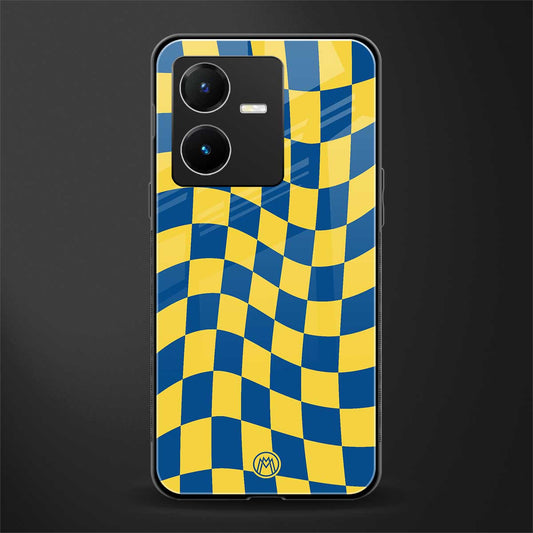 yellow blue trippy check pattern back phone cover | glass case for vivo y22