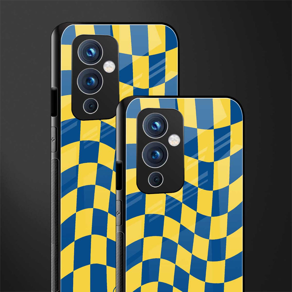 yellow blue trippy check pattern back phone cover | glass case for oneplus 9