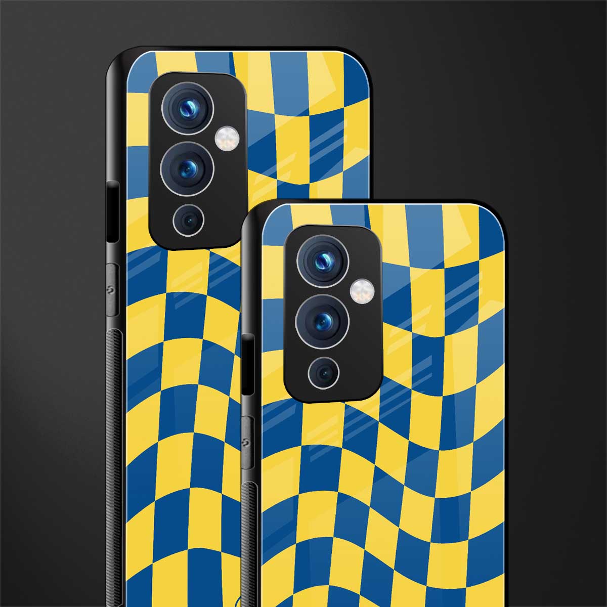 yellow blue trippy check pattern back phone cover | glass case for oneplus 9