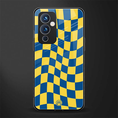 yellow blue trippy check pattern back phone cover | glass case for oneplus 9