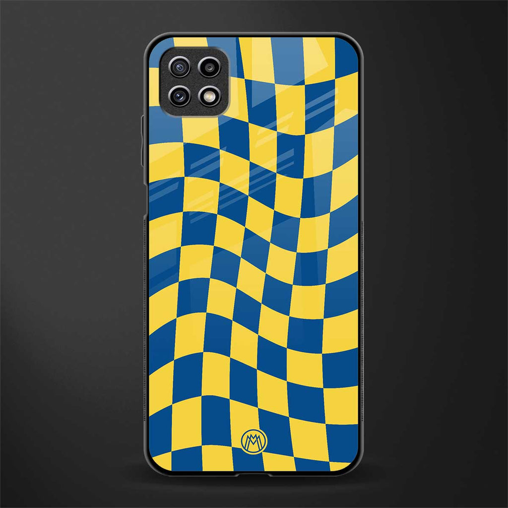 yellow blue trippy check pattern back phone cover | glass case for samsung galaxy f42