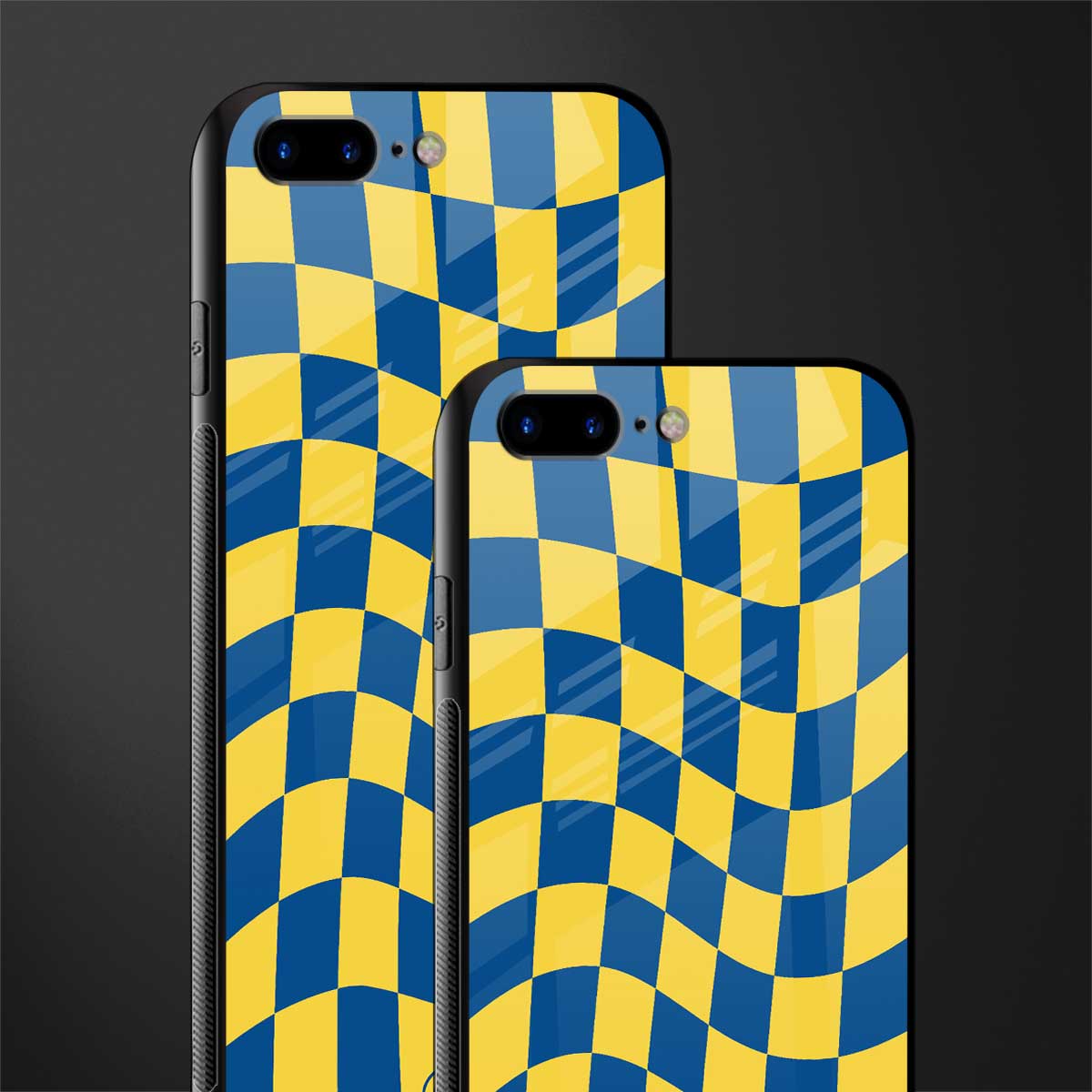 yellow blue trippy check pattern glass case for iphone 8 plus image-2