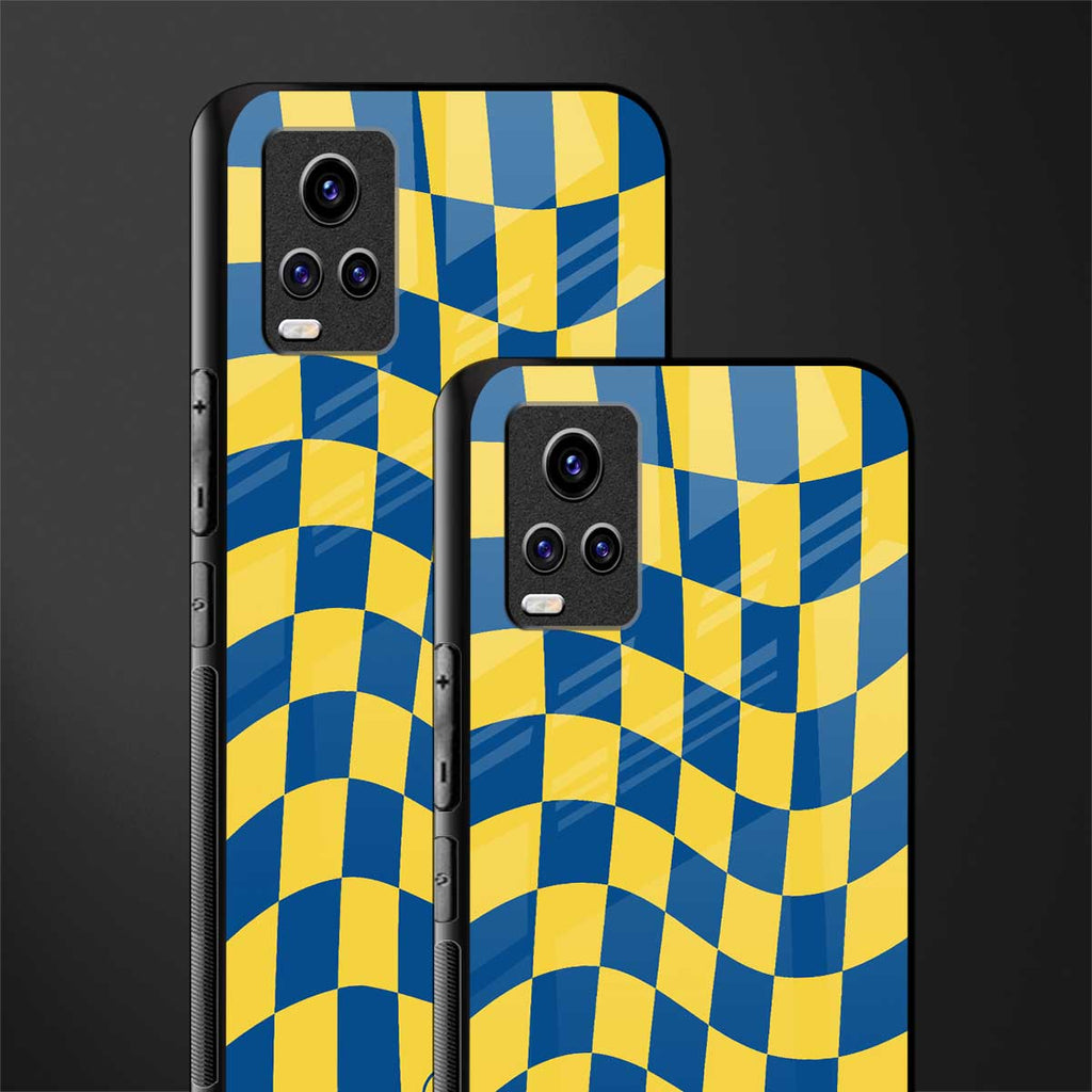 yellow blue trippy check pattern back phone cover | glass case for vivo v21e 4g