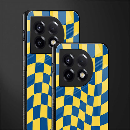 yellow blue trippy check pattern back phone cover | glass case for oneplus 11