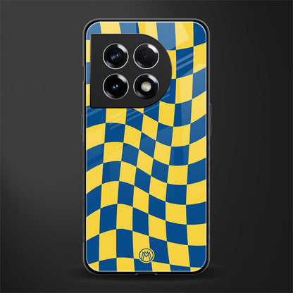 yellow blue trippy check pattern back phone cover | glass case for oneplus 11