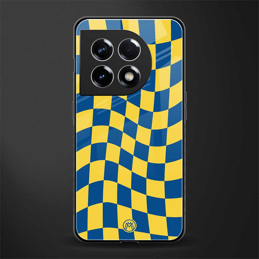 yellow blue trippy check pattern back phone cover | glass case for oneplus 11