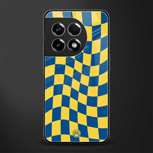 yellow blue trippy check pattern back phone cover | glass case for oneplus 11r
