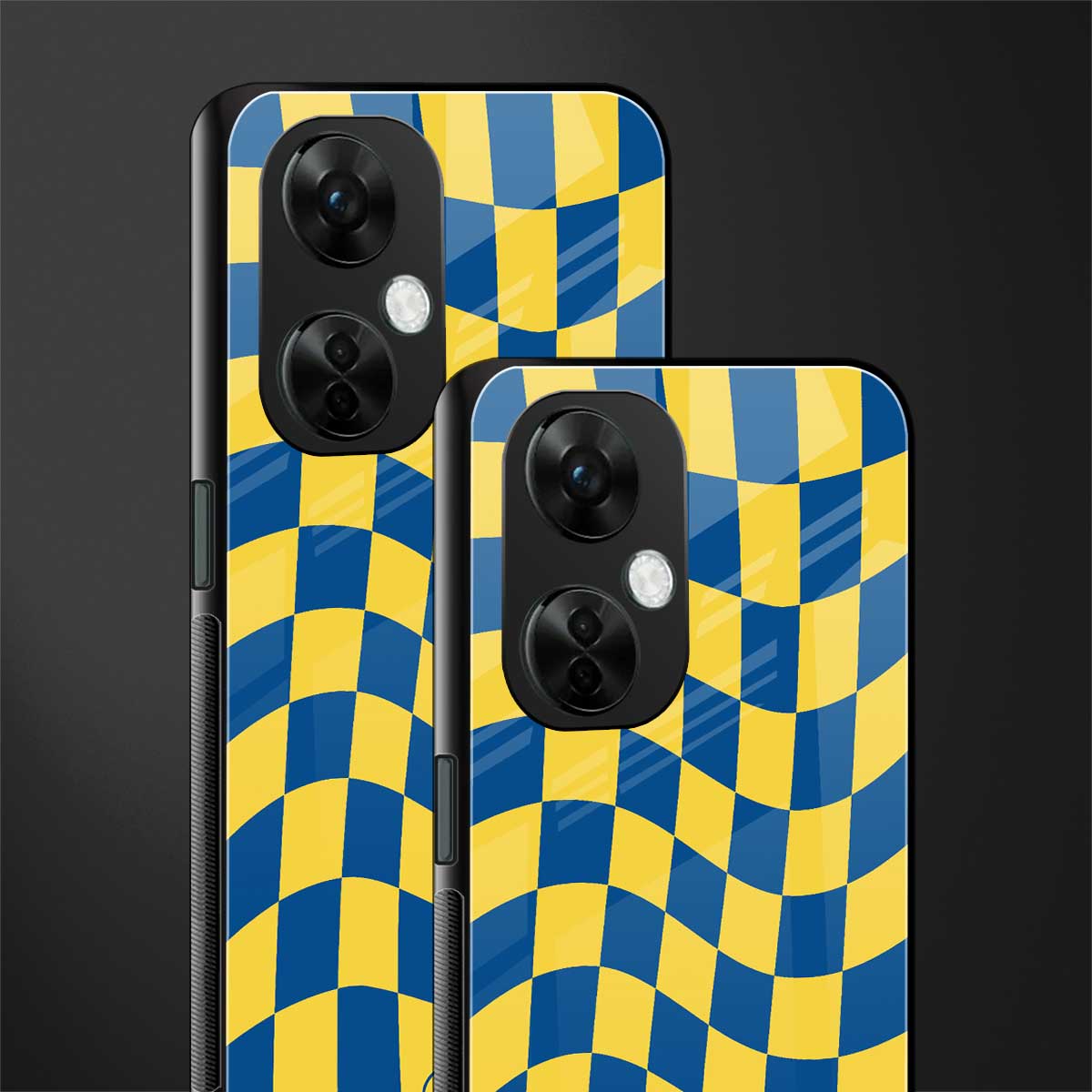 yellow blue trippy check pattern back phone cover | glass case for oneplus nord ce 3 lite