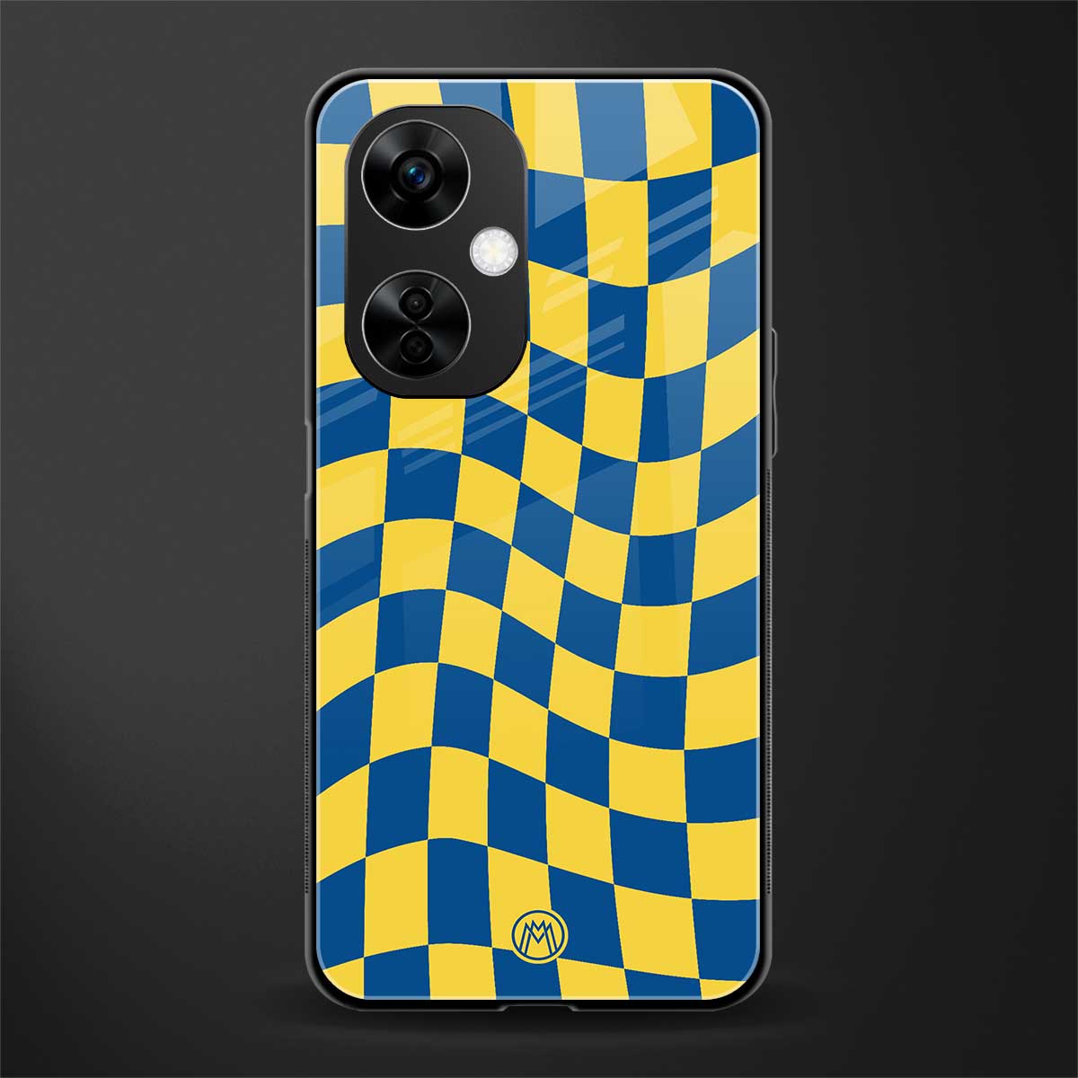 yellow blue trippy check pattern back phone cover | glass case for oneplus nord ce 3 lite