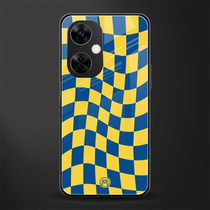 yellow blue trippy check pattern back phone cover | glass case for oneplus nord ce 3 lite
