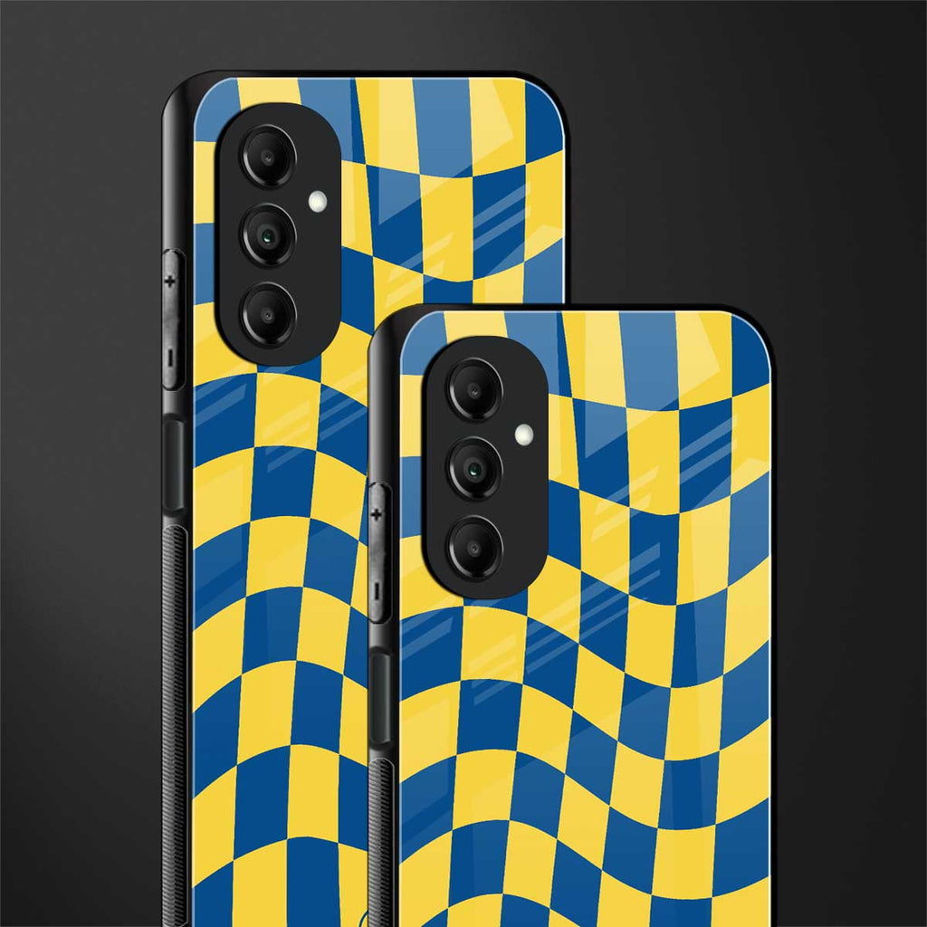 yellow blue trippy check pattern back phone cover | glass case for samsung galaxy a14 5g