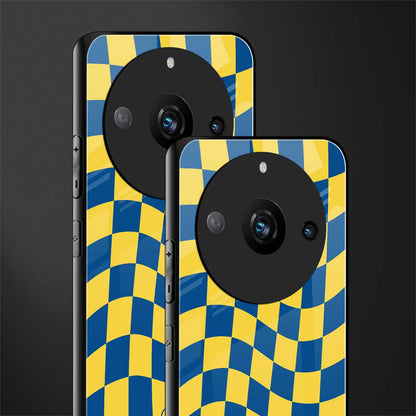 yellow blue trippy check pattern back phone cover | glass case for realme 11 pro 5g
