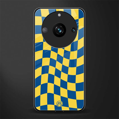 yellow blue trippy check pattern back phone cover | glass case for realme 11 pro 5g