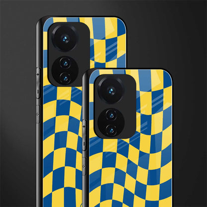 yellow blue trippy check pattern back phone cover | glass case for vivo t1 44w 4g