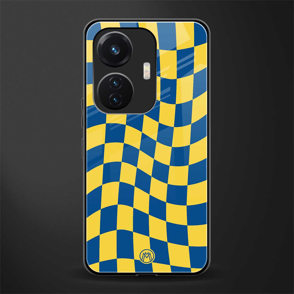 yellow blue trippy check pattern back phone cover | glass case for vivo t1 44w 4g
