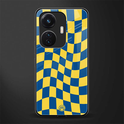 yellow blue trippy check pattern back phone cover | glass case for vivo t1 44w 4g