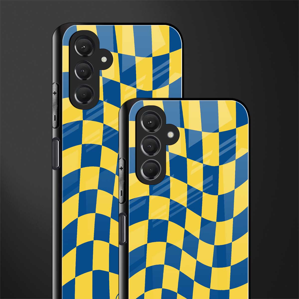 yellow blue trippy check pattern back phone cover | glass case for samsun galaxy a24 4g