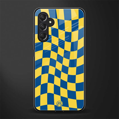 yellow blue trippy check pattern back phone cover | glass case for samsun galaxy a24 4g
