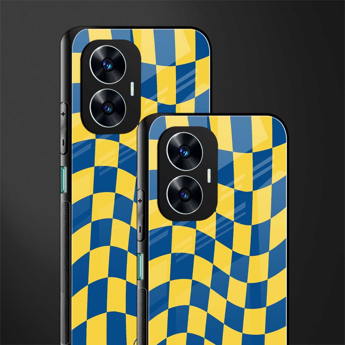 yellow blue trippy check pattern back phone cover | glass case for realme c55