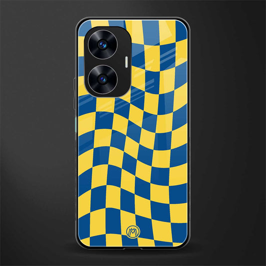 yellow blue trippy check pattern back phone cover | glass case for realme c55