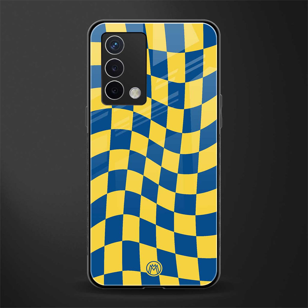 yellow blue trippy check pattern back phone cover | glass case for oppo a74 4g