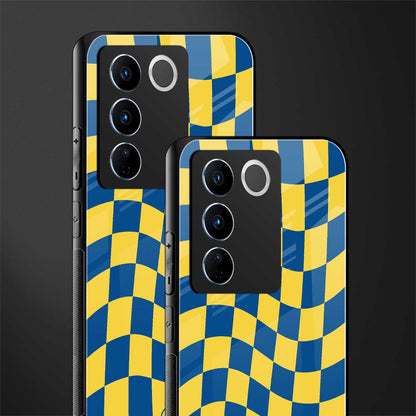 yellow blue trippy check pattern back phone cover | glass case for vivo v27 pro 5g