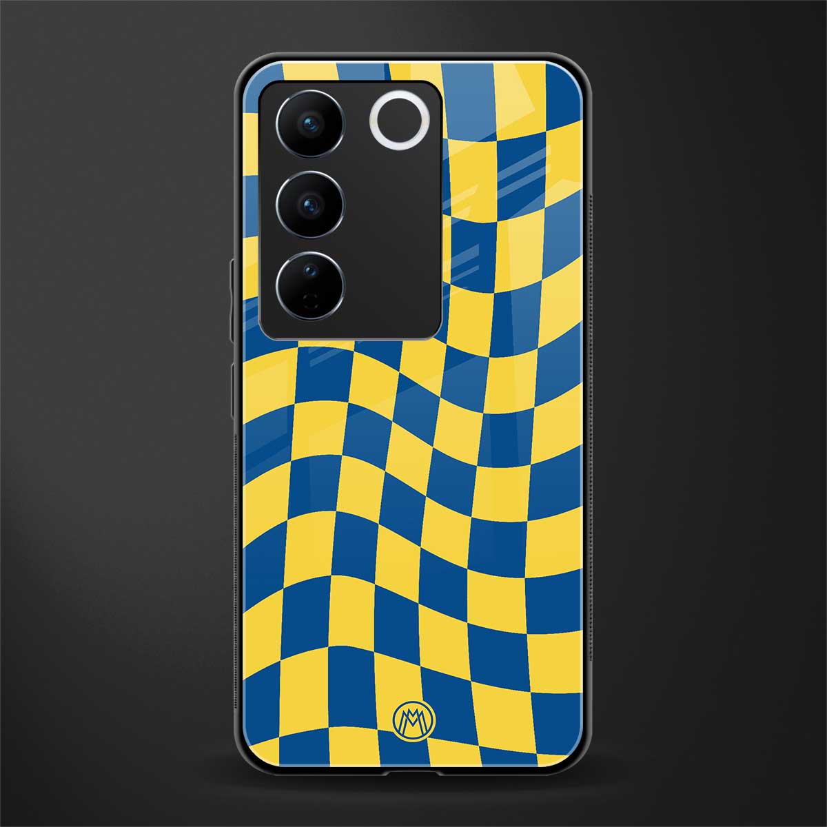 yellow blue trippy check pattern back phone cover | glass case for vivo v27 pro 5g