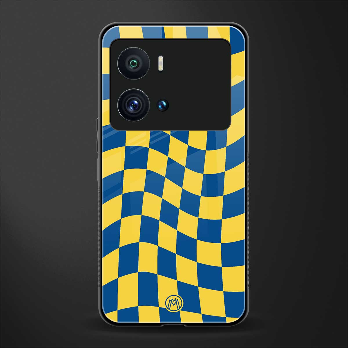 yellow blue trippy check pattern back phone cover | glass case for iQOO 9 Pro