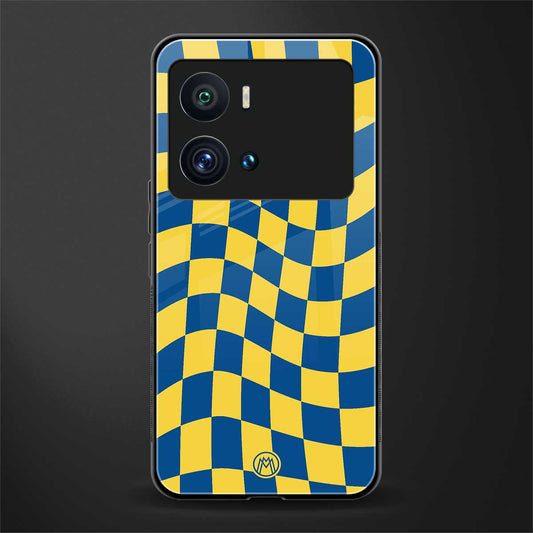 yellow blue trippy check pattern back phone cover | glass case for iQOO 9 Pro