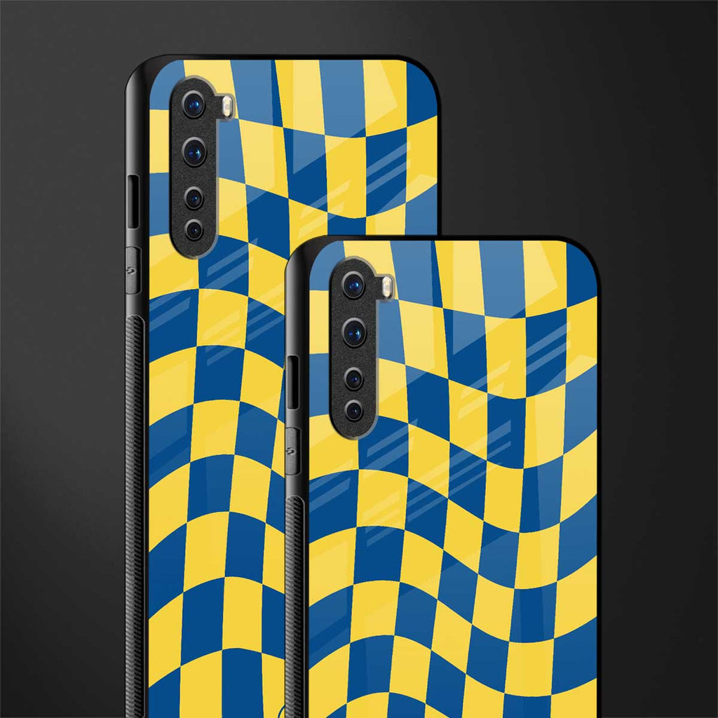 yellow blue trippy check pattern glass case for oneplus nord ac2001 image-2