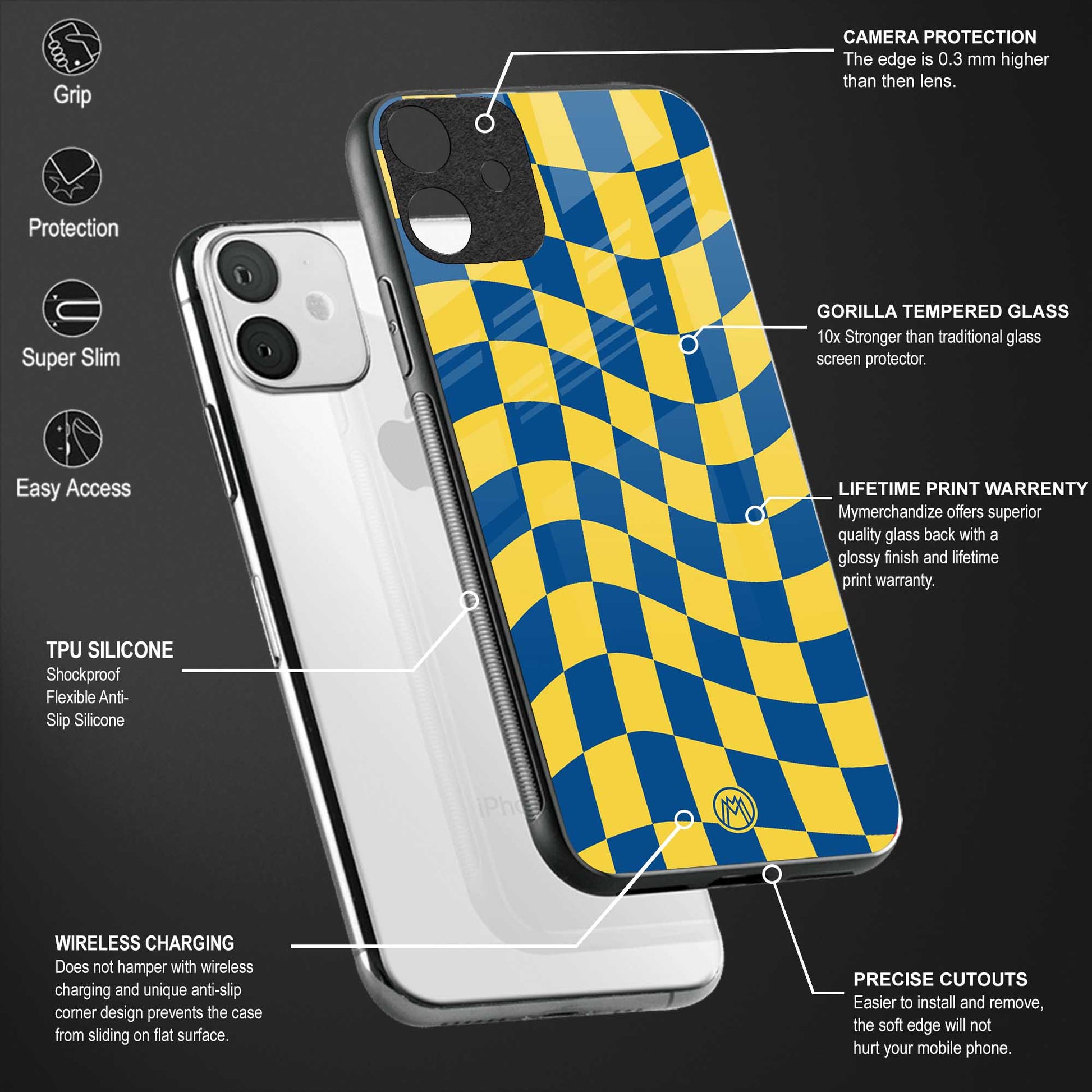 yellow blue trippy check pattern back phone cover | glass case for vivo t1 44w 4g