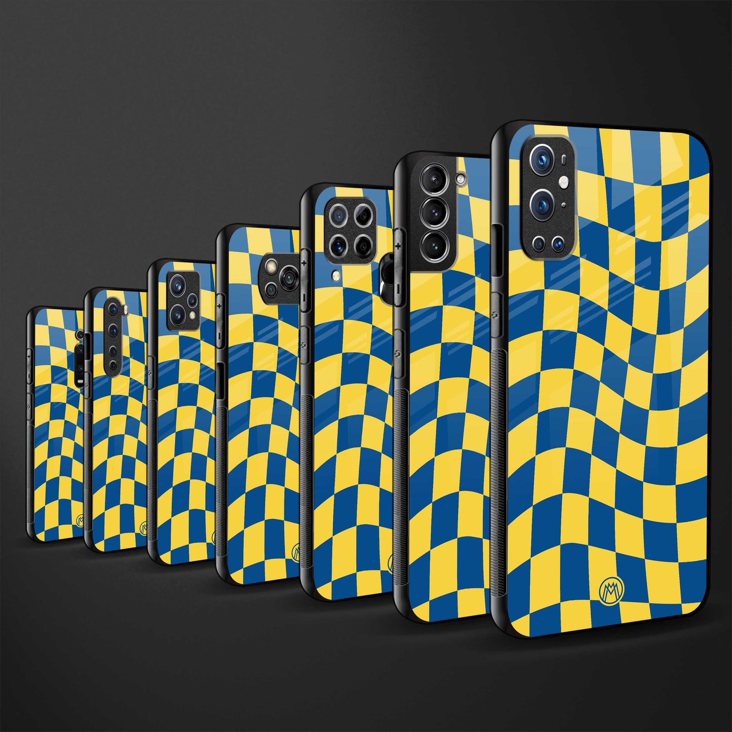yellow blue trippy check pattern back phone cover | glass case for vivo t1 44w 4g