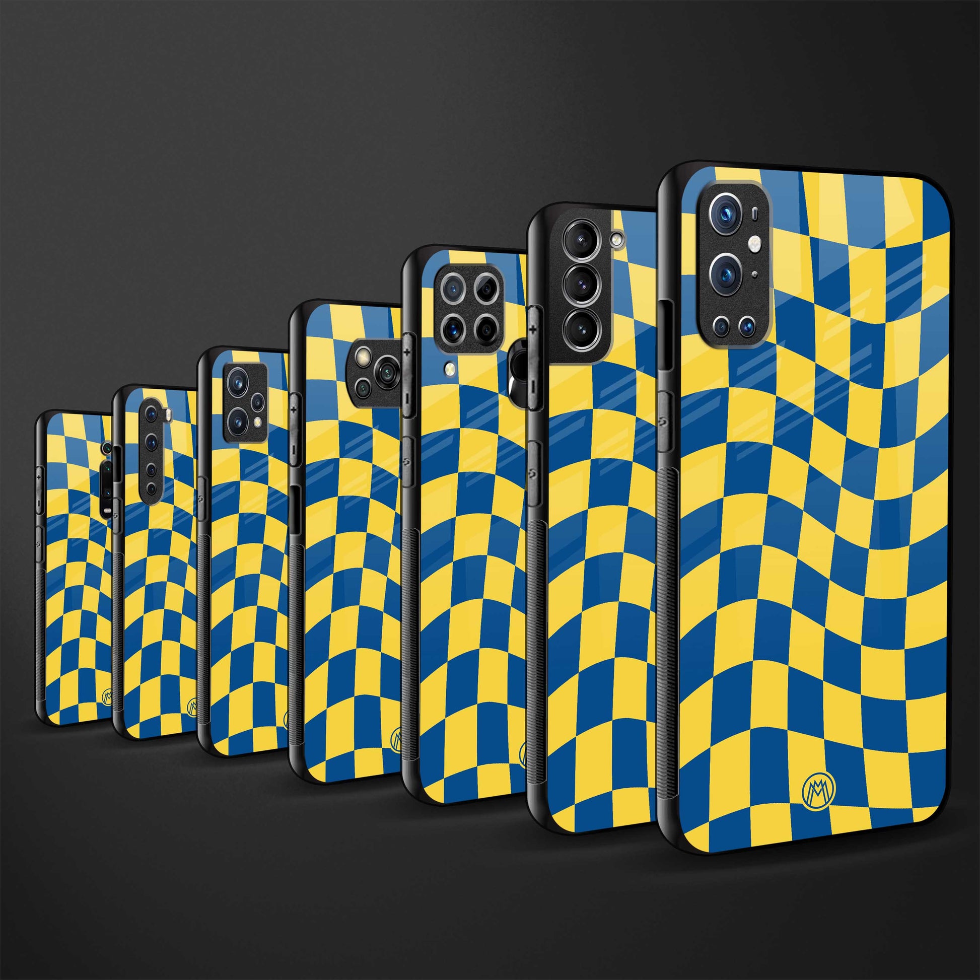 yellow blue trippy check pattern back phone cover | glass case for vivo t1 44w 4g