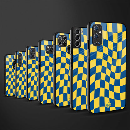 yellow blue trippy check pattern back phone cover | glass case for vivo t1 44w 4g