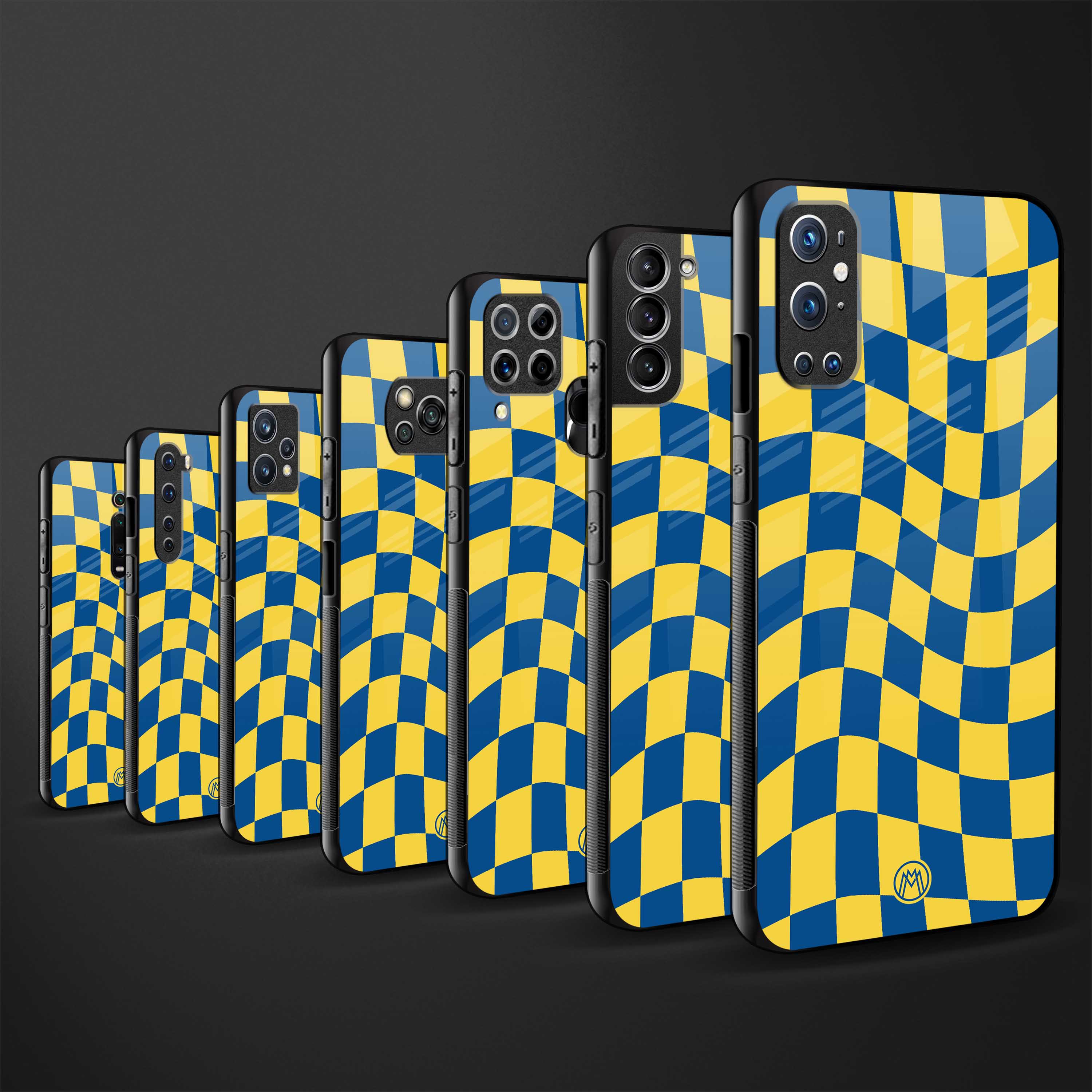 yellow blue trippy check pattern glass case for mi 11 lite image-3